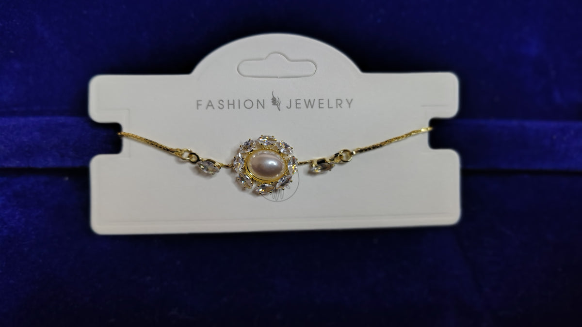 Pearl Crystal Halo Gold Chain Bracelet - Side View
