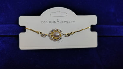 Pearl Crystal Halo Gold Chain Bracelet - Side View