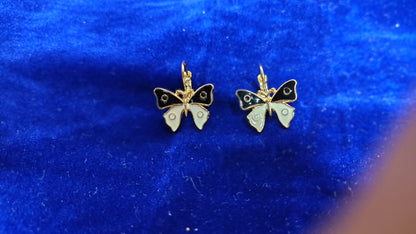 Black White Enamel Butterfly Hoop Drop Earrings - Front View