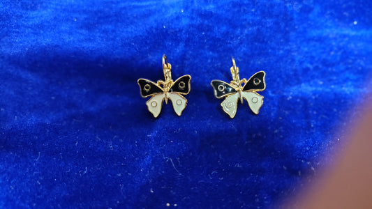 Black White Enamel Butterfly Hoop Drop Earrings - Front View