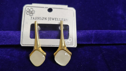 White Stone Minimal Gold Long Drop Earrings - Front View