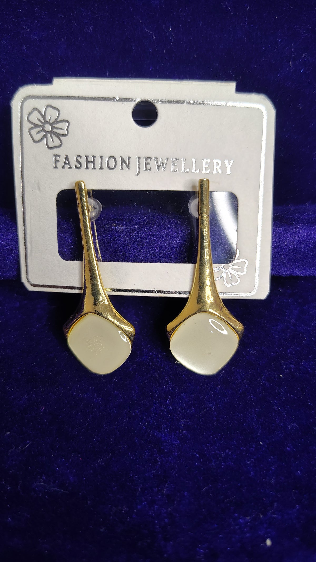 White Stone Minimal Gold Long Drop Earrings - Close Up
