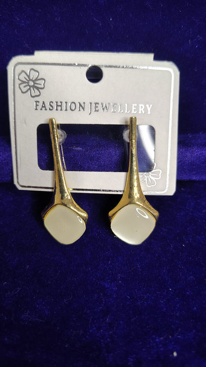White Stone Minimal Gold Long Drop Earrings - Close Up