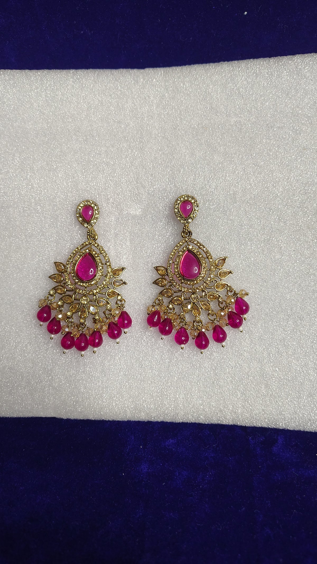 Pink Ruby Chandbali Antique Gold Drop Earrings - Front View