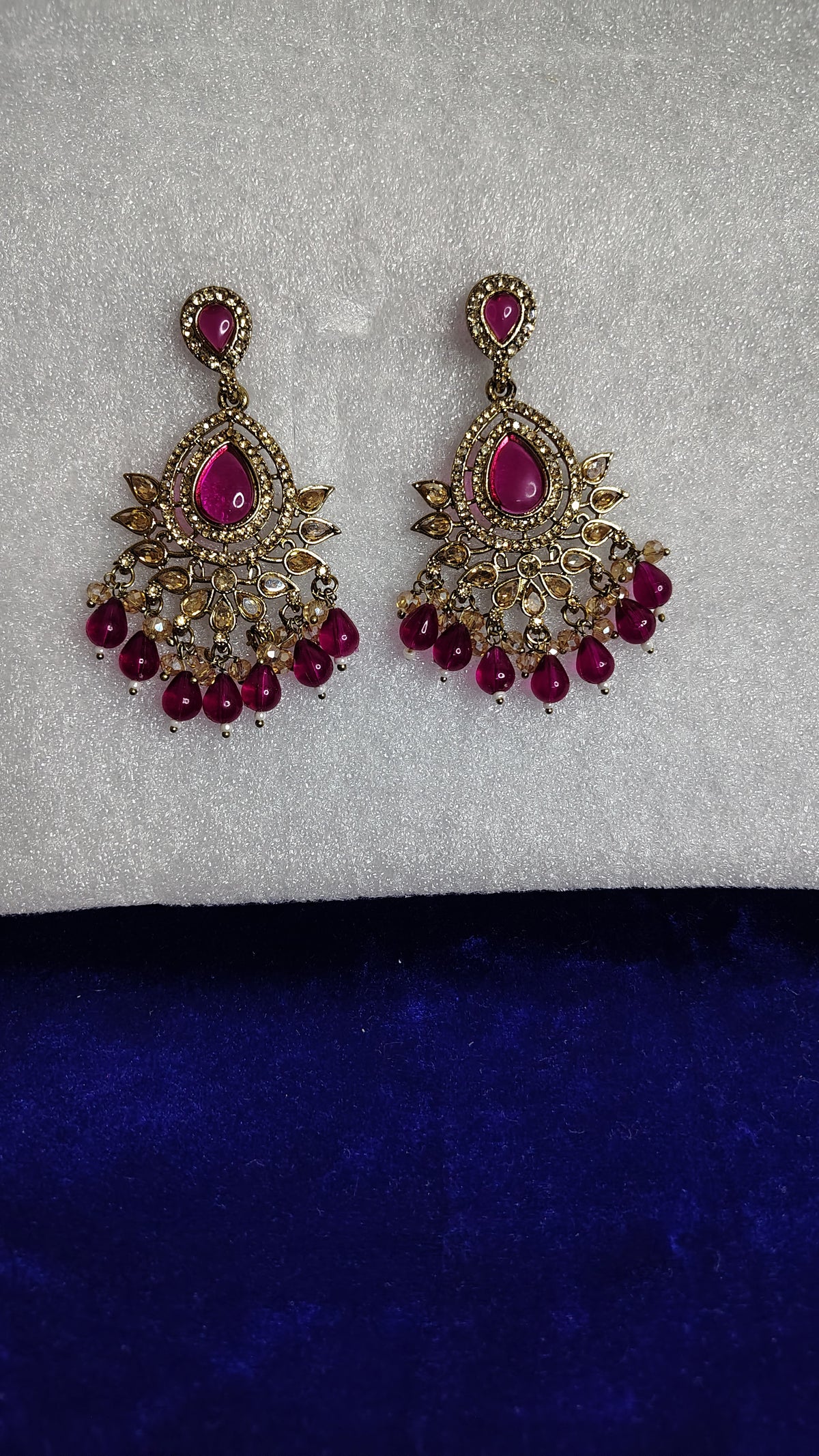 Pink Ruby Chandbali Antique Gold Drop Earrings - Side View