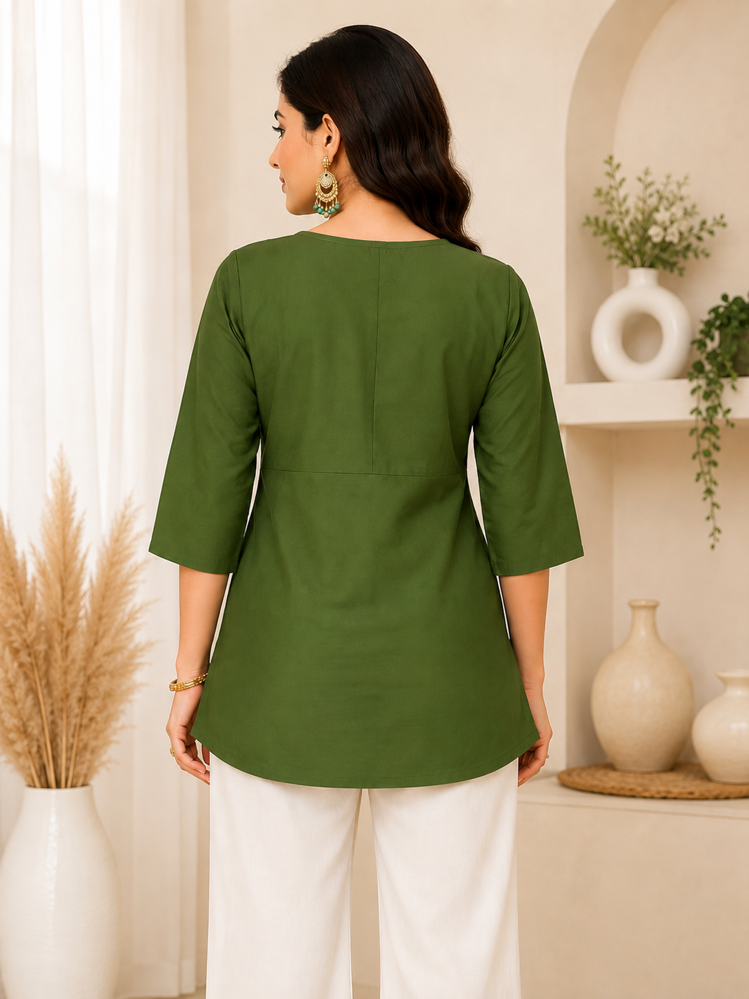 Olive Green Short Kurti - Back View
