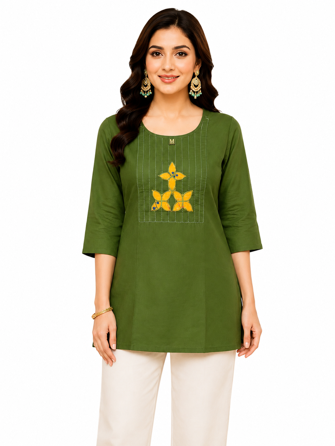 Olive Green Short Kurti - Front View