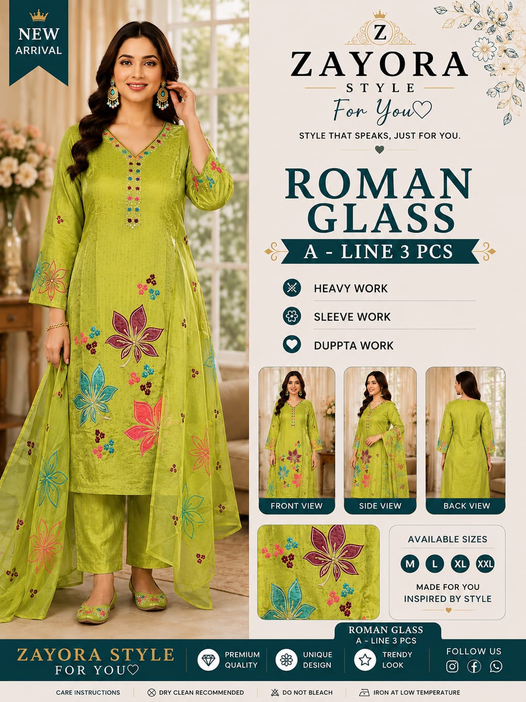 Premium A-Line Embroidered 3-Piece Suit Set with Dupatta - Mehndi Green