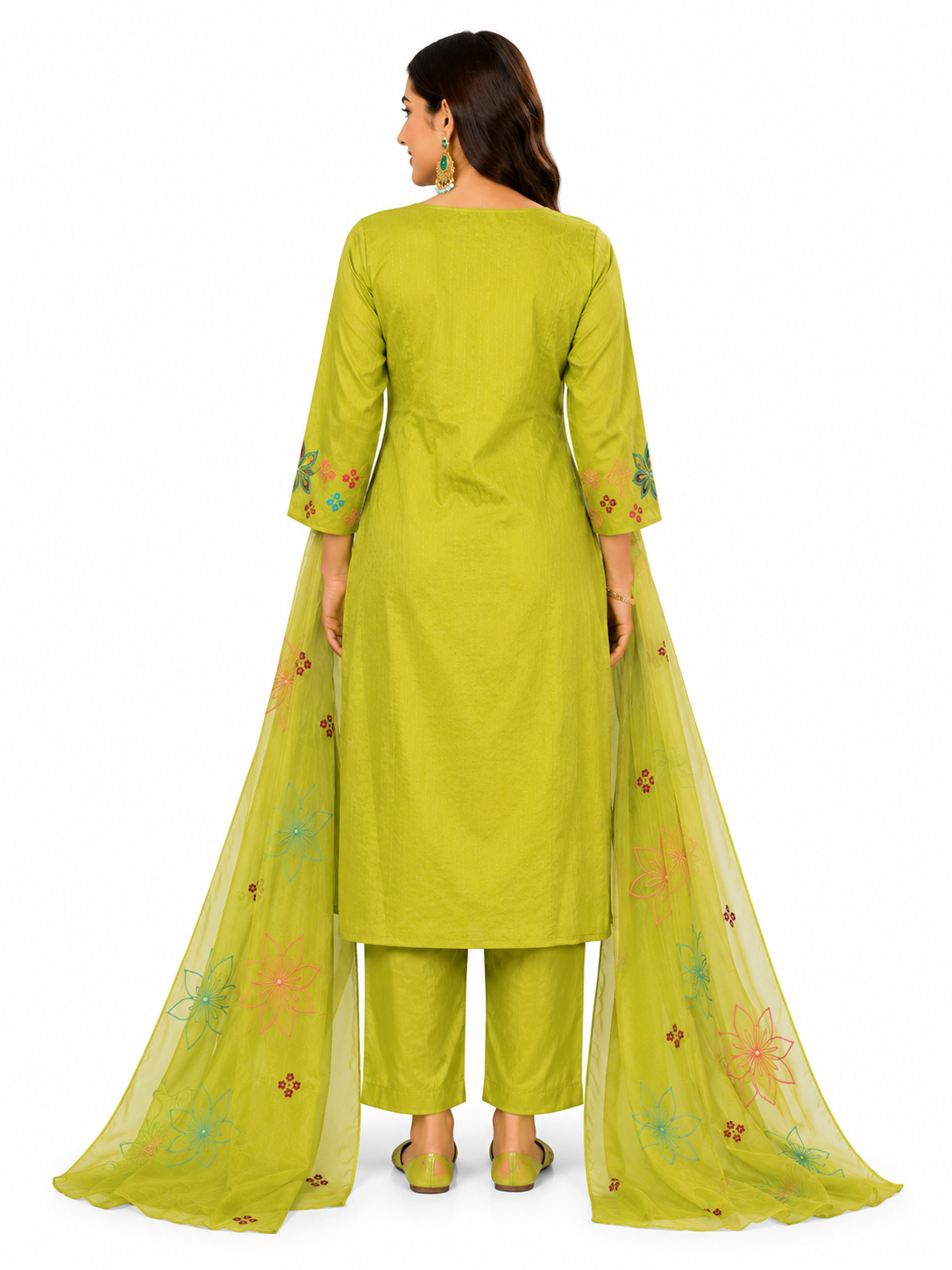 Premium A-Line Embroidered 3-Piece Suit Set with Dupatta - Mehndi Green