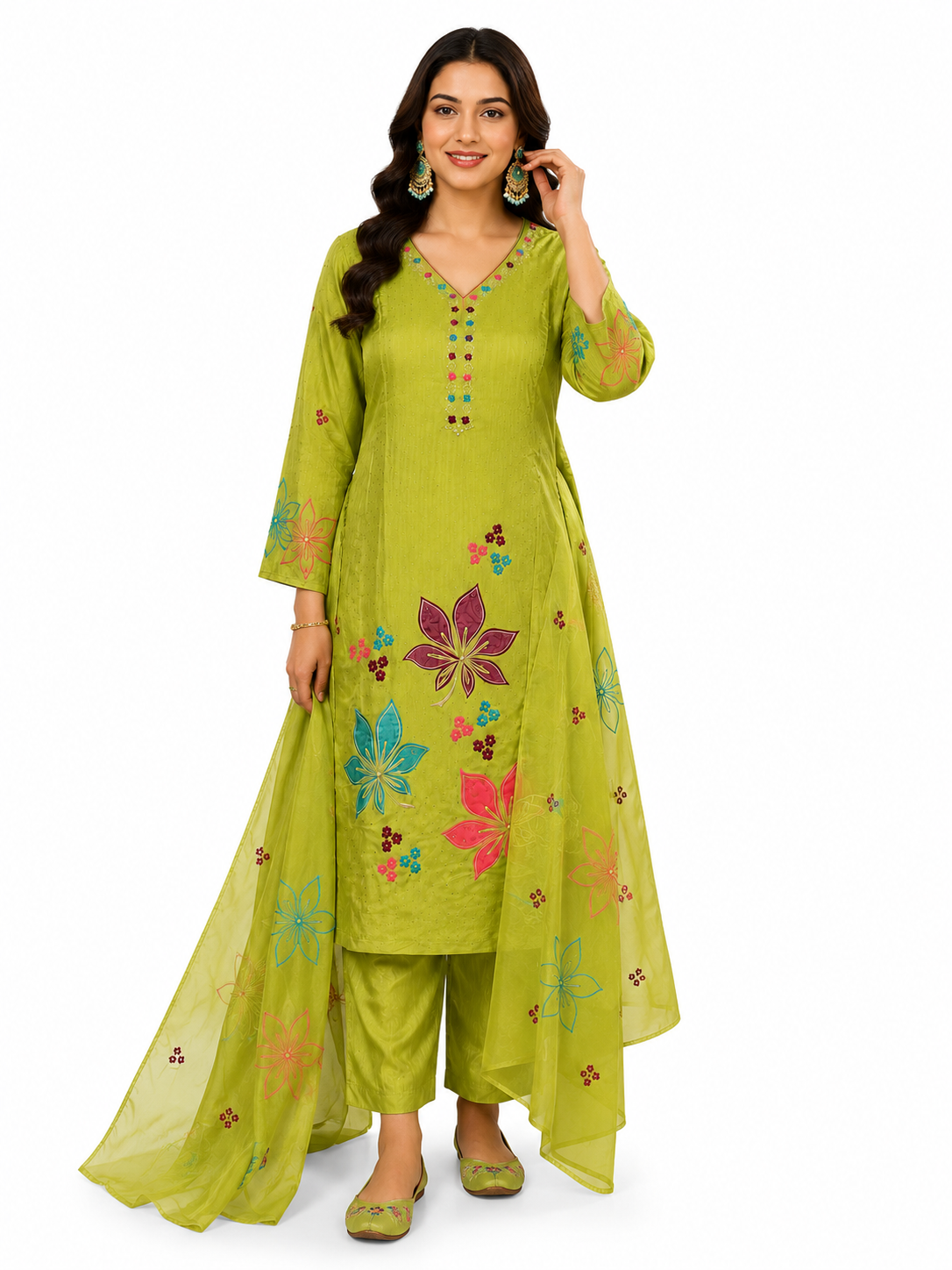 Premium A-Line Embroidered 3-Piece Suit Set with Dupatta - Mehndi Green