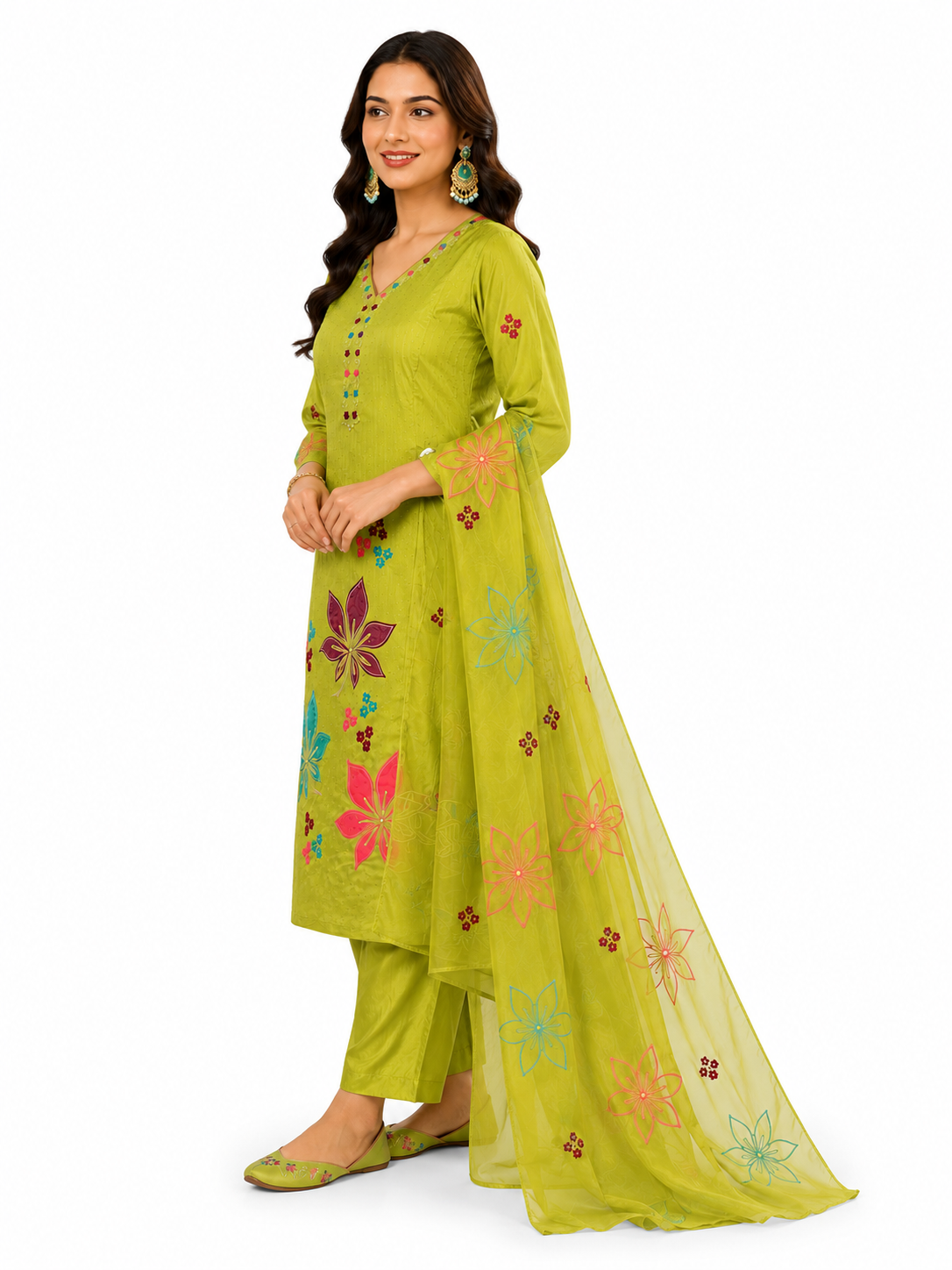Premium A-Line Embroidered 3-Piece Suit Set with Dupatta - Mehndi Green