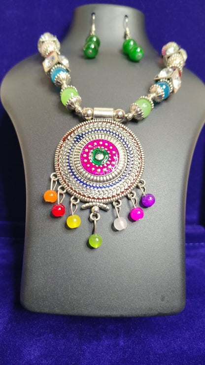 Neon Multicolor Beads Oxidized Mandala Pendant Necklace Set - Close Up