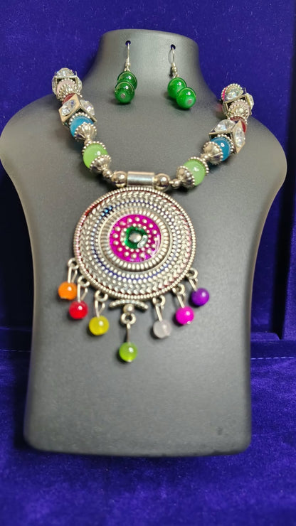 Neon Multicolor Beads Oxidized Mandala Pendant Necklace Set - Front View