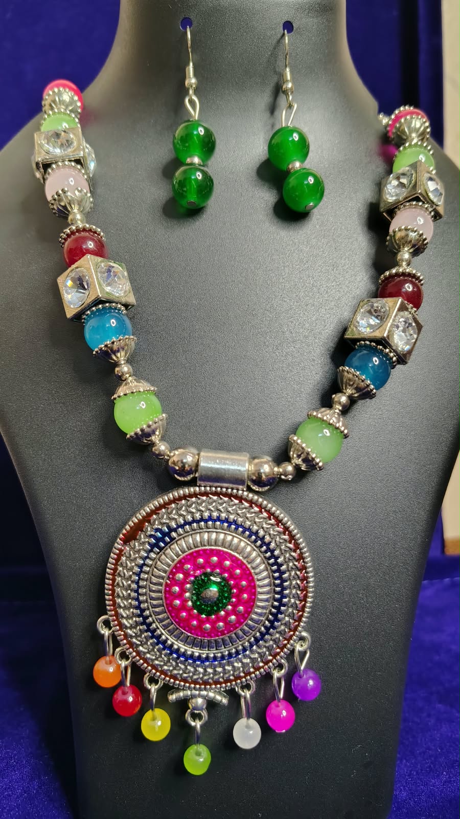 Neon Multicolor Beads Oxidized Mandala Pendant Necklace Set - Side View
