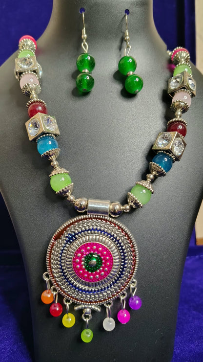 Neon Multicolor Beads Oxidized Mandala Pendant Necklace Set - Side View
