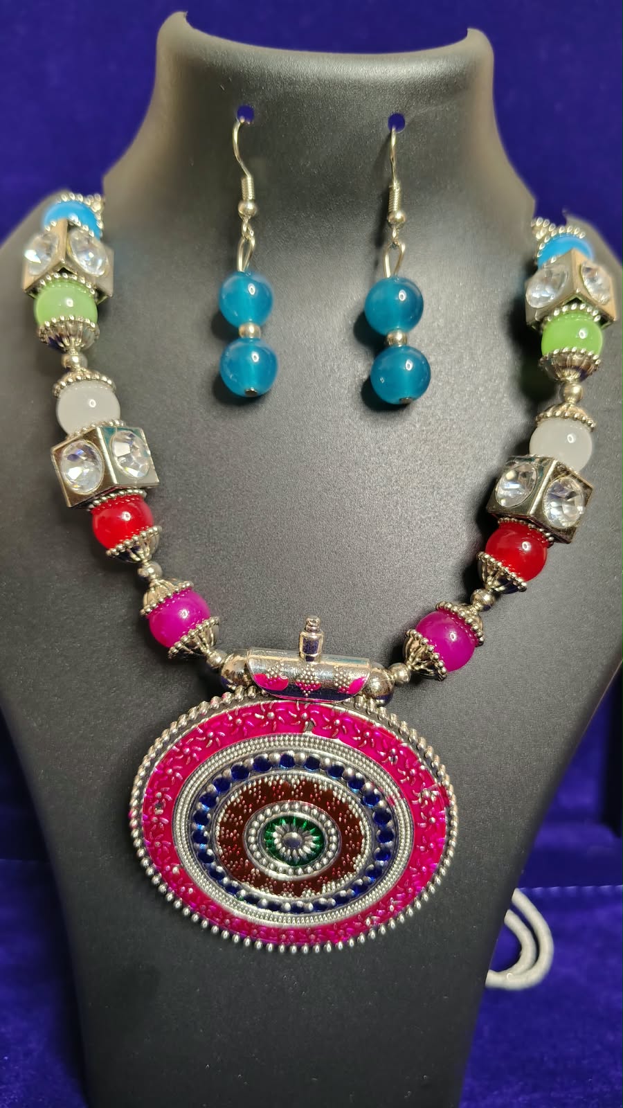 Multicolor Beads Oxidized Mandala Pendant Necklace Set with Earrings - Close Up