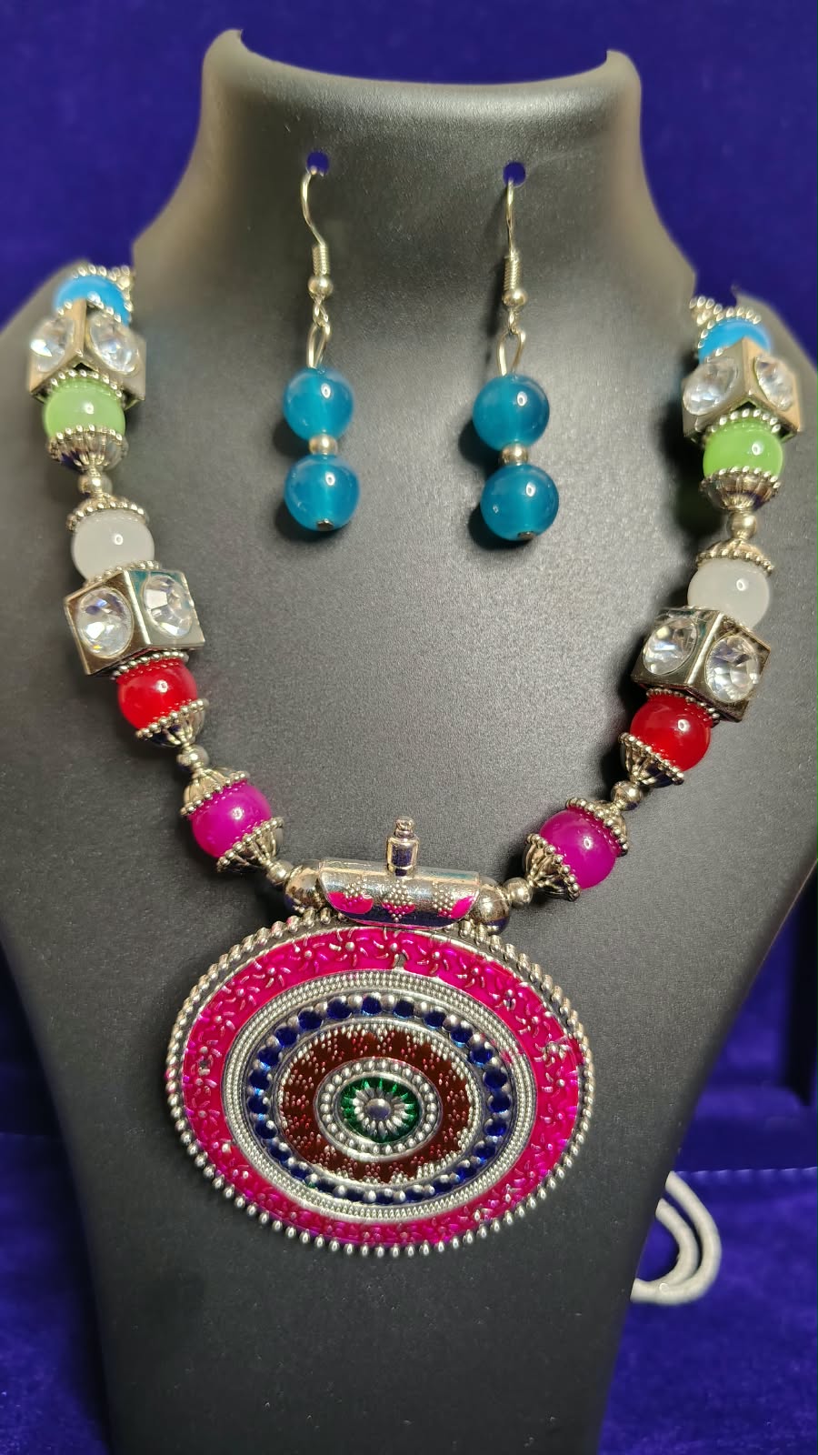 Multicolor Beads Oxidized Mandala Pendant Necklace Set with Earrings - Front View