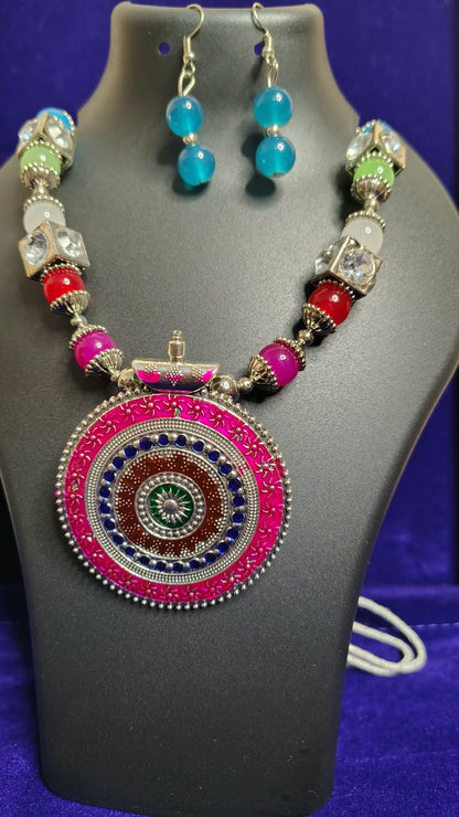 Multicolor Beads Oxidized Mandala Pendant Necklace Set with Earrings - Side View