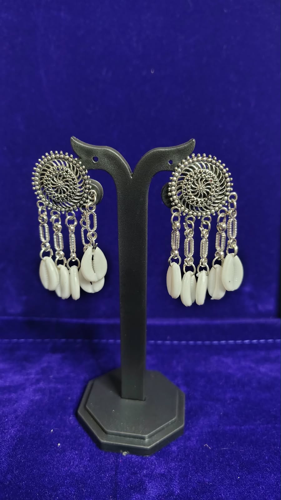 Oxidized Spiral Cowrie Shell Earrings - Front View