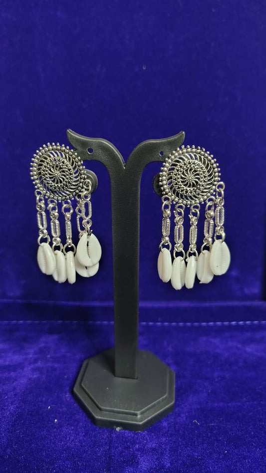 Oxidized Spiral Cowrie Shell Earrings - Front View