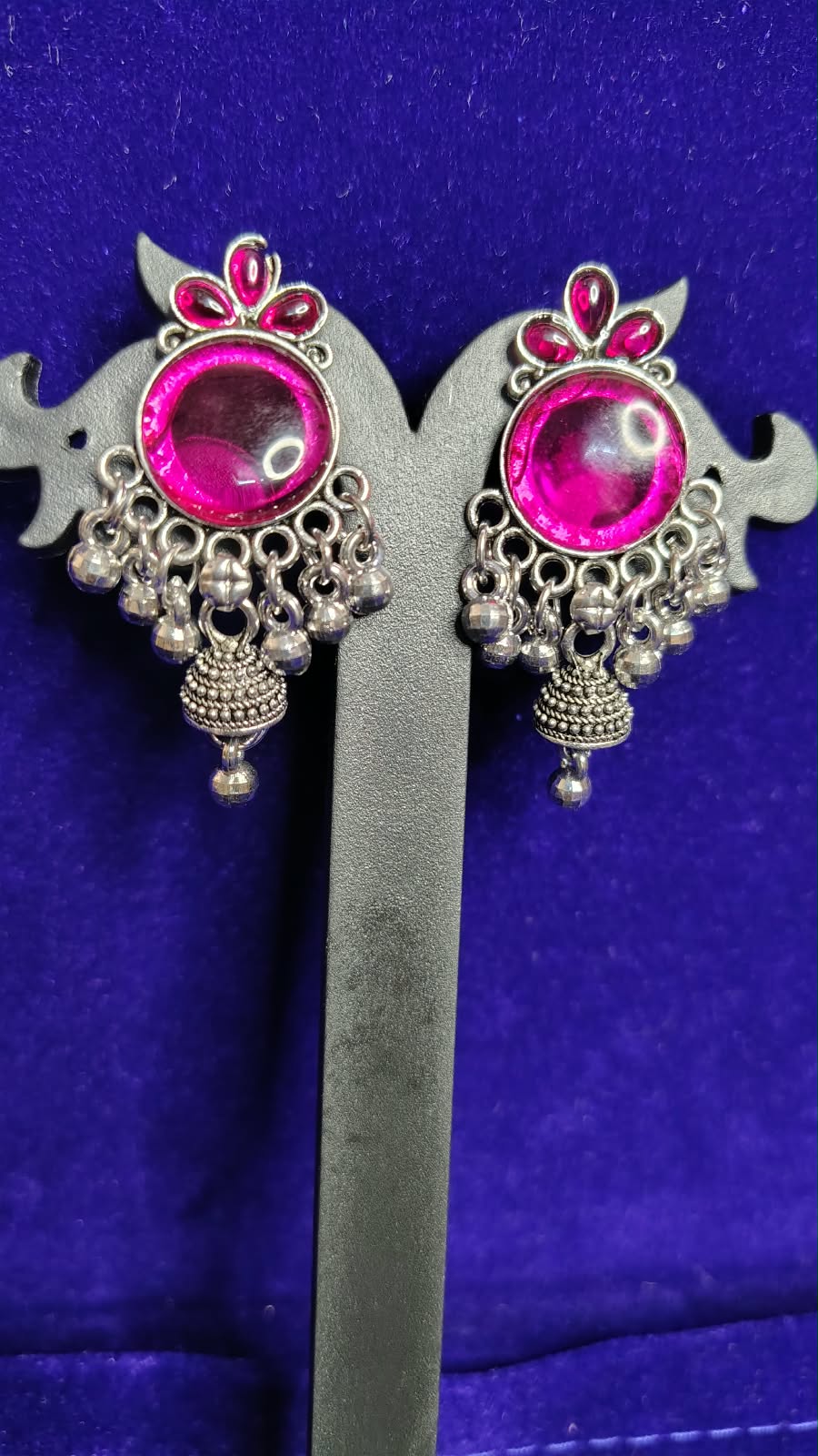 Pink Magenta Stone Oxidized Jhumka Earrings with Ghungroo - Side View