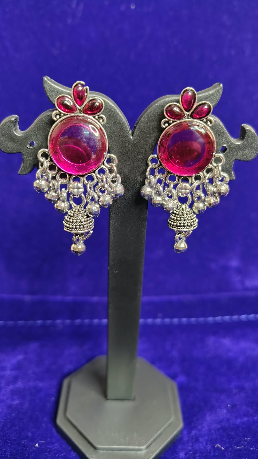 Pink Magenta Stone Oxidized Jhumka Earrings with Ghungroo - Front View
