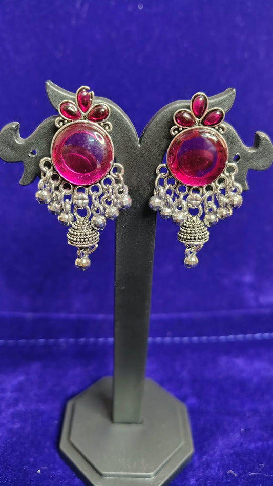 Pink Magenta Stone Oxidized Jhumka Earrings with Ghungroo - Front View