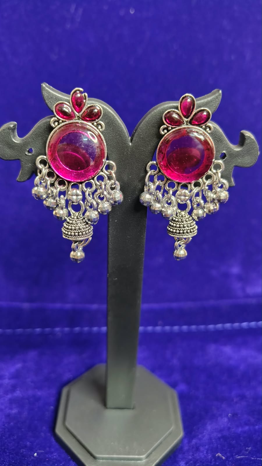 Pink Magenta Stone Oxidized Jhumka Earrings with Ghungroo - Angle View