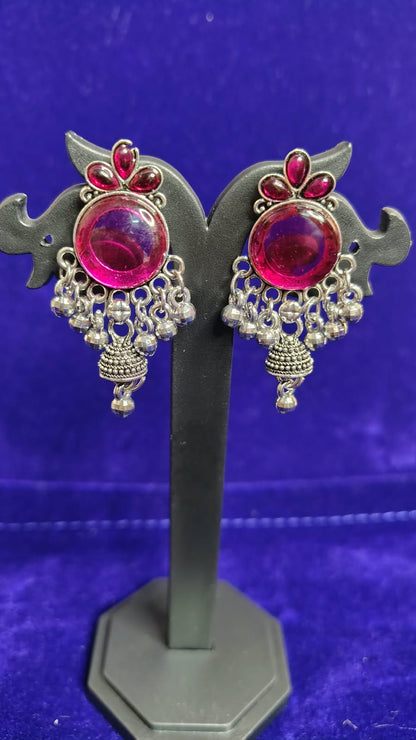 Pink Magenta Stone Oxidized Jhumka Earrings with Ghungroo - Angle View