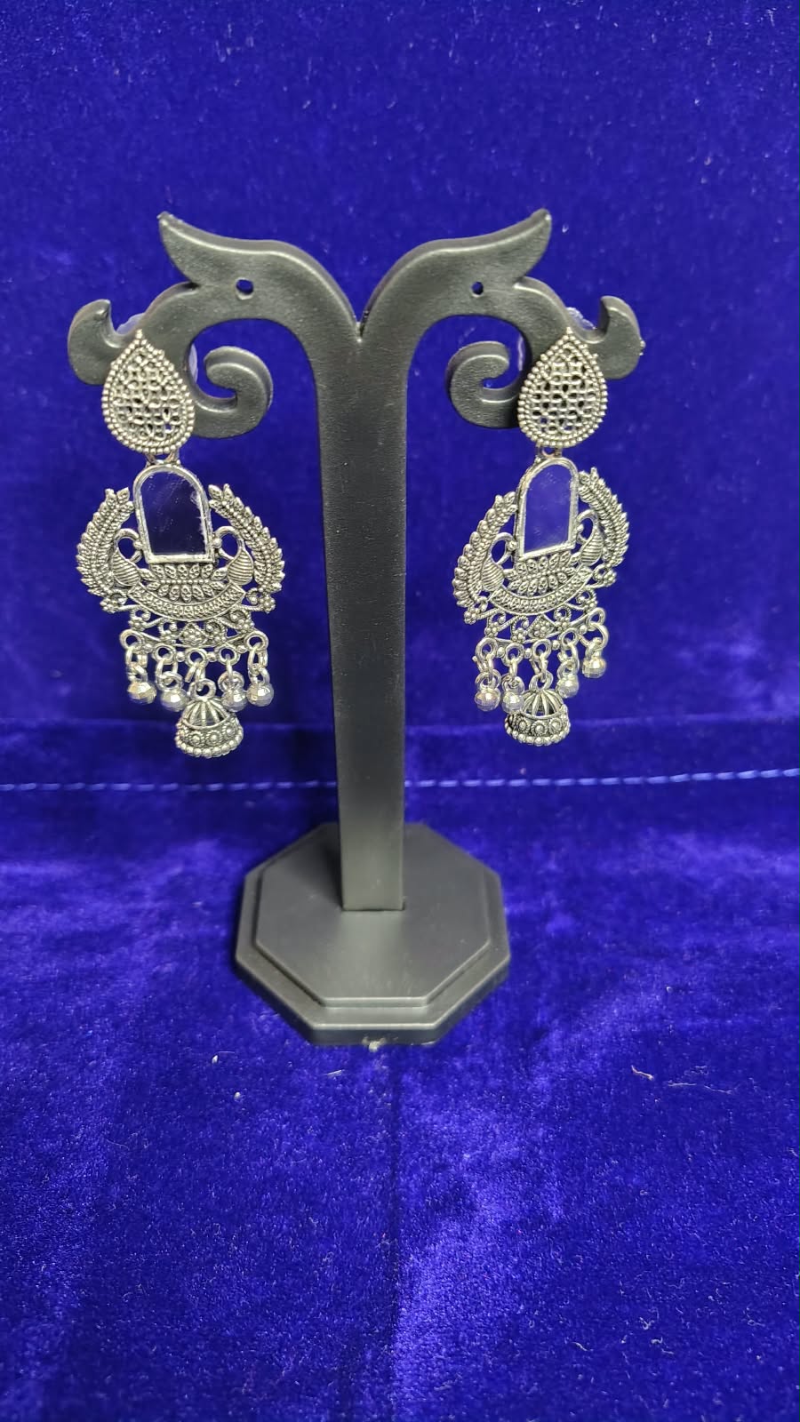 Oxidized Mirror Work Chandbali Jhumka Earrings with Silver Beads