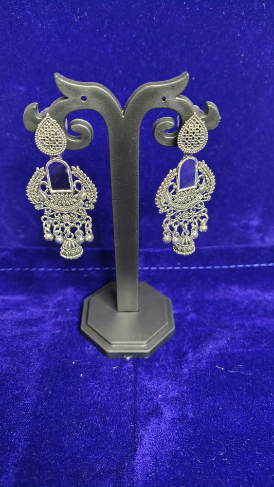 Oxidized Mirror Work Chandbali Jhumka Earrings with Silver Beads
