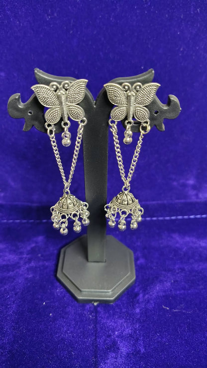 Oxidized Butterfly Chain Jhumka Drop Earrings - Front View