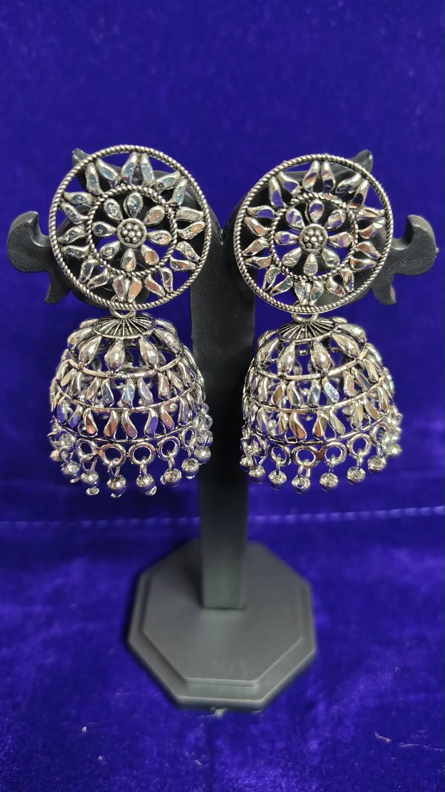 Oxidized Round Filigree Big Jhumka Earrings - Side View 2