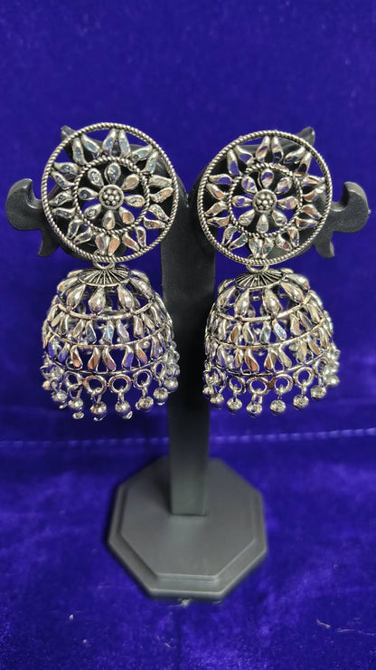Oxidized Round Filigree Big Jhumka Earrings - Side View 2