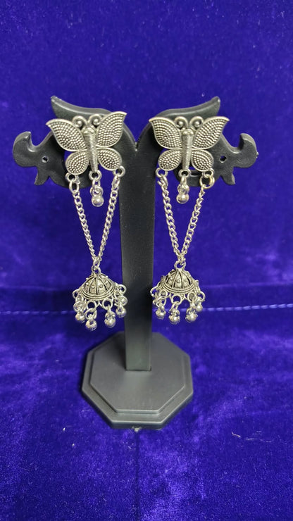 Oxidized Butterfly Chain Jhumka Drop Earrings - Side View