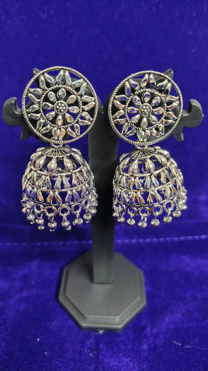 Oxidized Round Filigree Big Jhumka Earrings - Front View