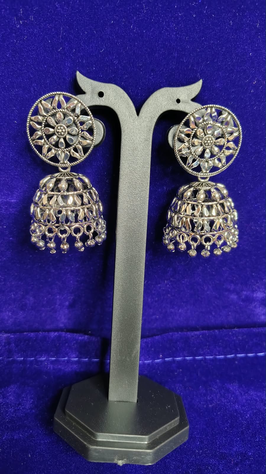 Oxidized Round Filigree Big Jhumka Earrings - Side View 1