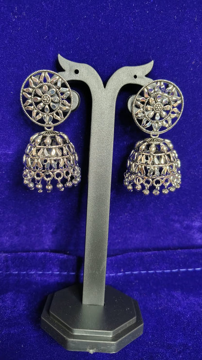 Oxidized Round Filigree Big Jhumka Earrings - Side View 1