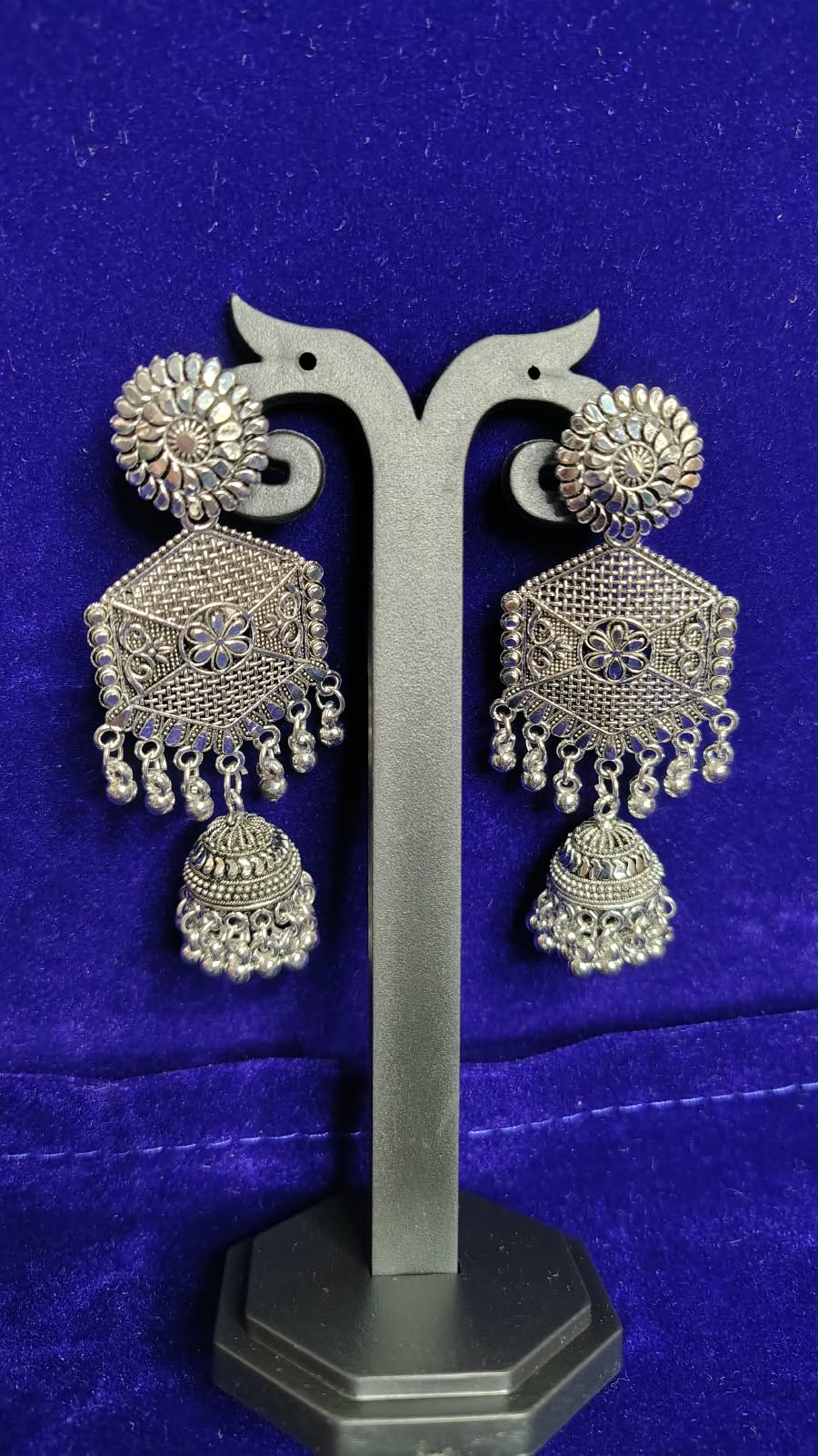 Oxidized Sunflower Diamond Jhumka Earrings - Side View