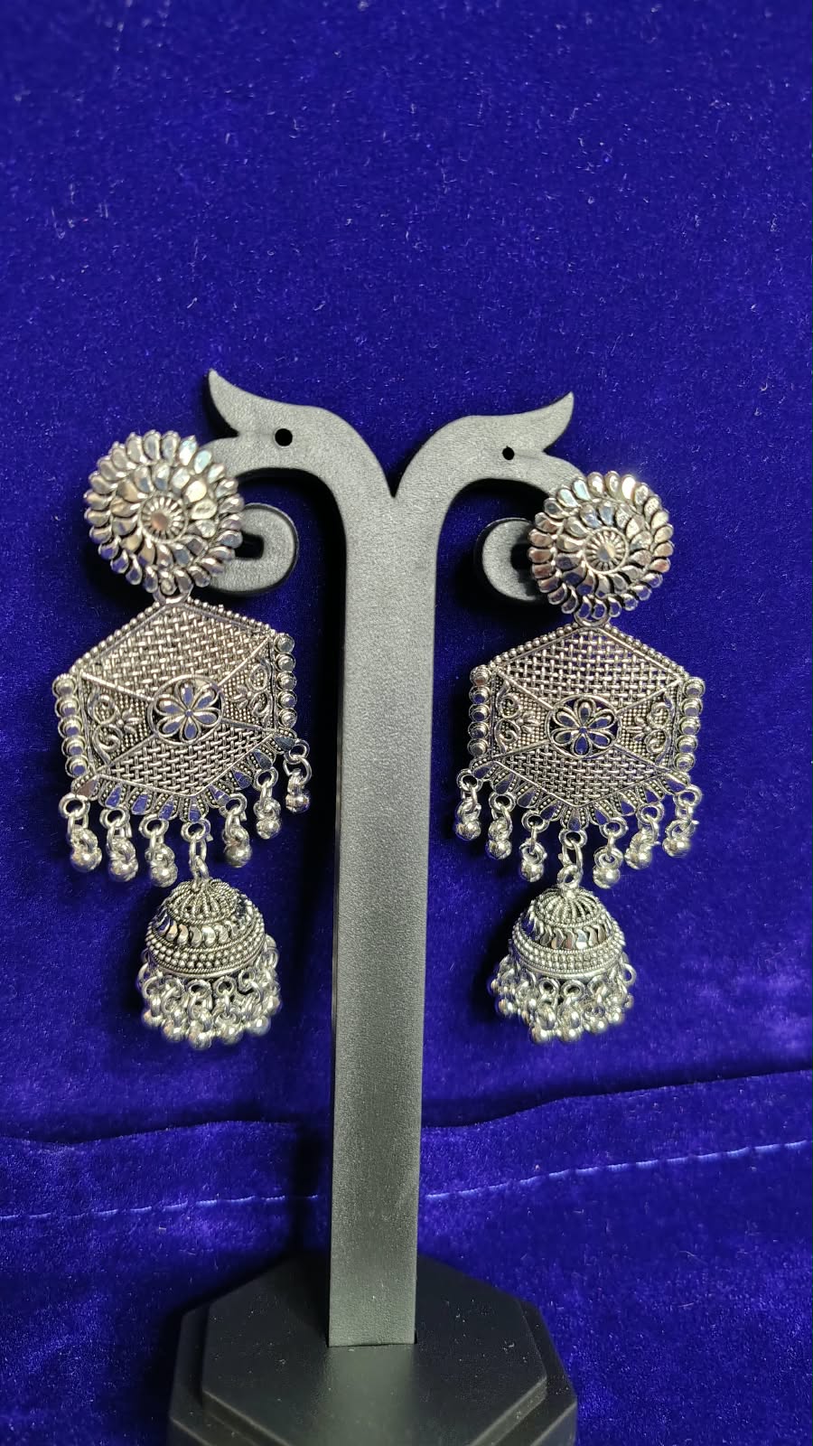 Oxidized Sunflower Diamond Jhumka Earrings - Front View