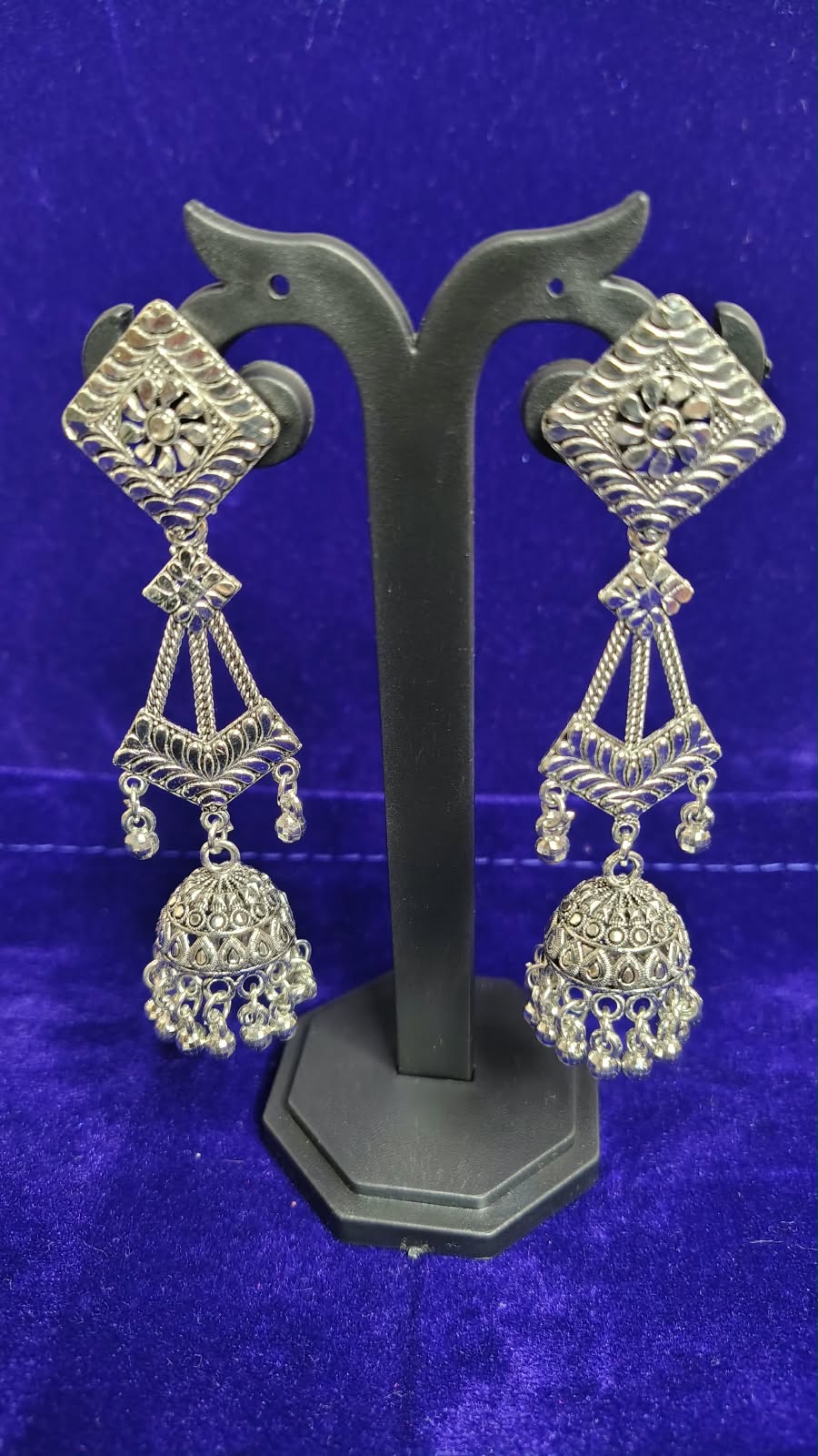 Oxidized Square Floral Jhumka Earrings - Front View