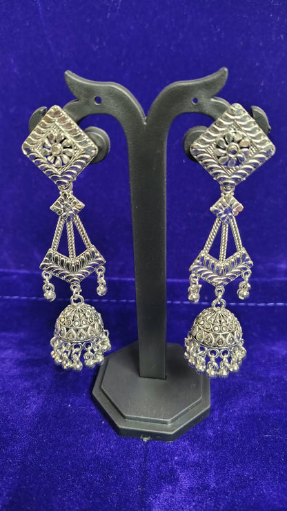 Oxidized Square Floral Jhumka Earrings - Front View