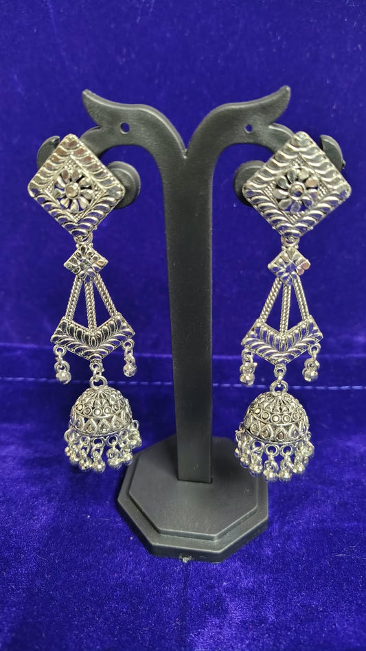 Oxidized Square Floral Jhumka Earrings - Front View