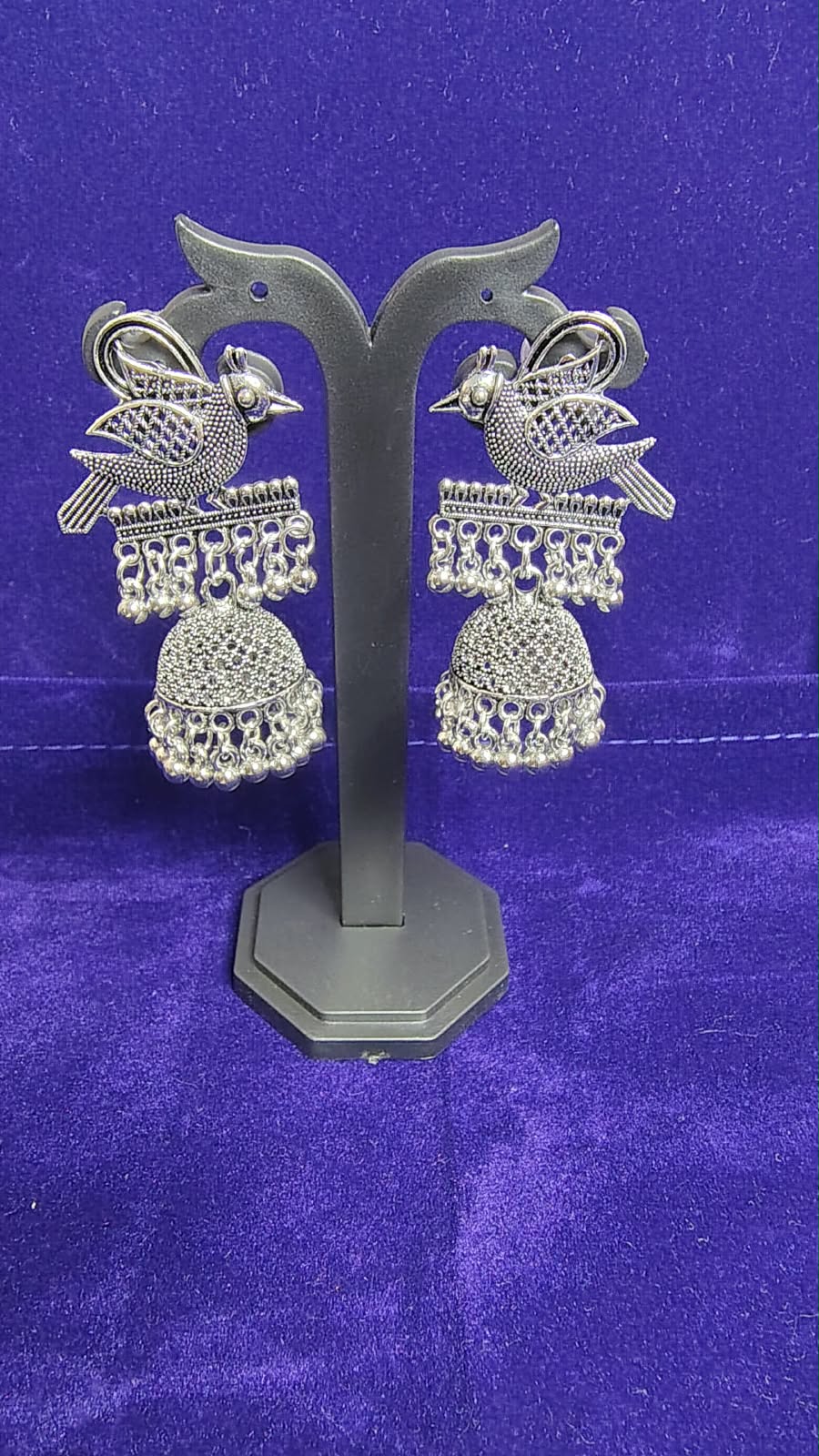 Oxidized Peacock Bird Jhumka Earrings with Silver Beads