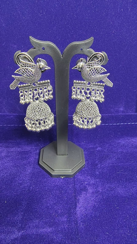 Oxidized Peacock Bird Jhumka Earrings with Silver Beads