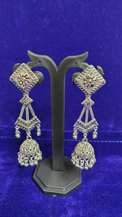 Oxidized Square Floral Jhumka Earrings - Side View