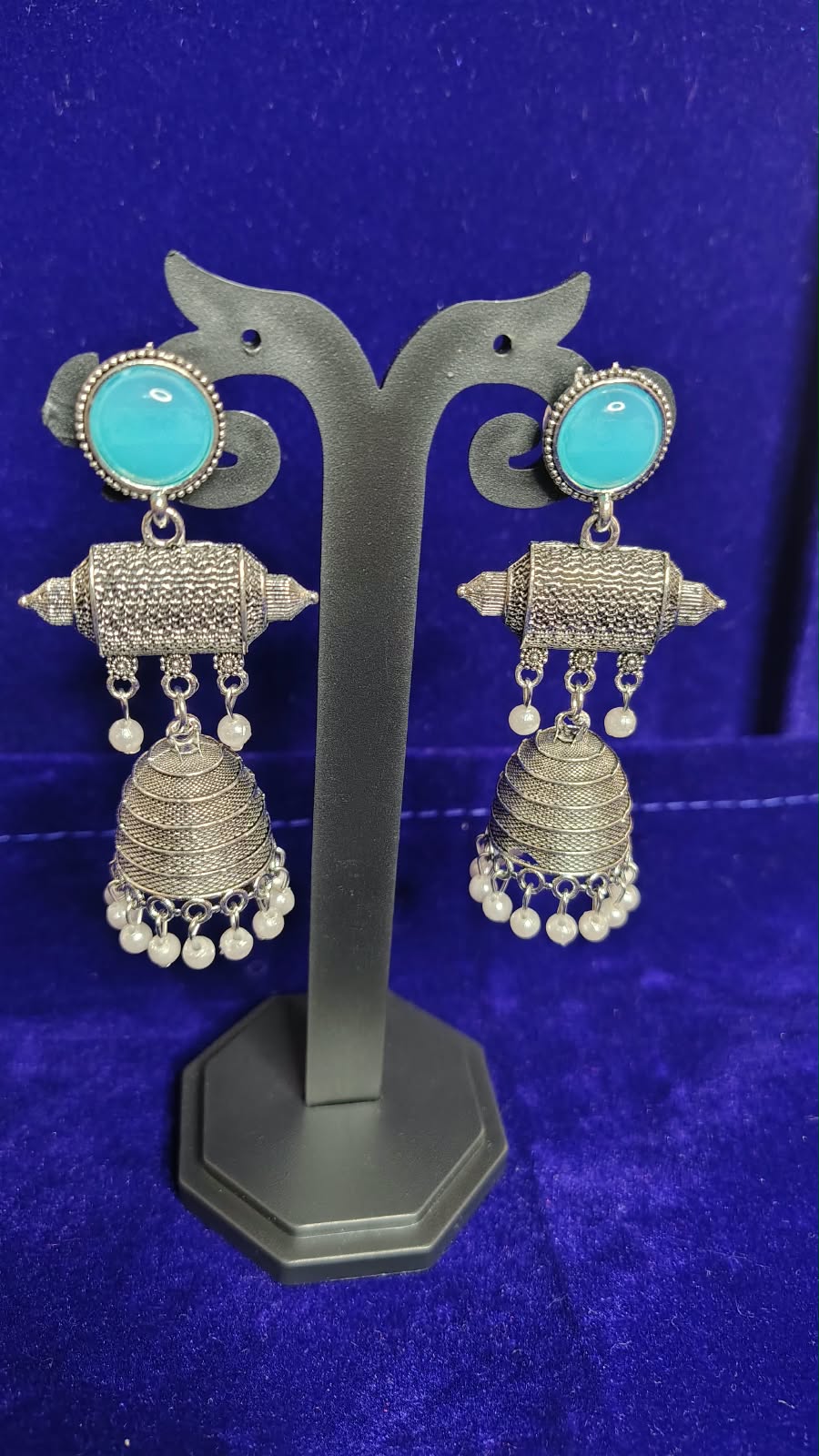 Turquoise Stone Oxidized Jhumka Earrings with Pearl Drops - View 2