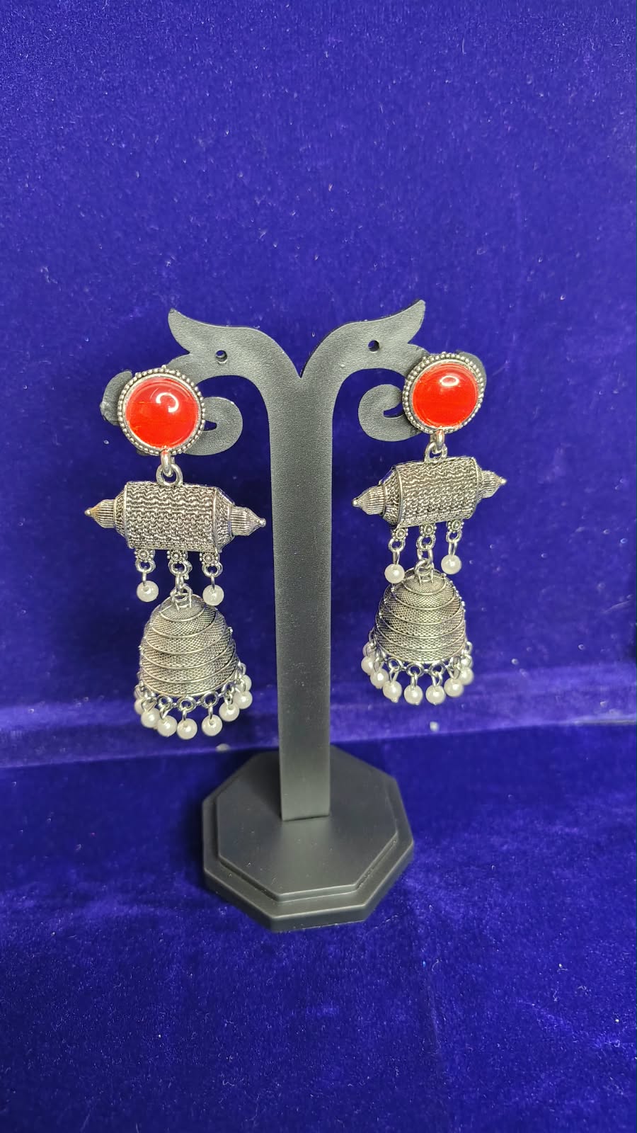 Red Stone Oxidized Jhumka Earrings with Pearl Drops - View 1