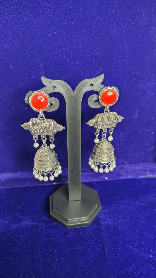 Red Stone Oxidized Jhumka Earrings with Pearl Drops - View 1