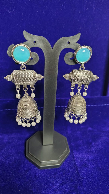 Turquoise Stone Oxidized Jhumka Earrings with Pearl Drops - View 1